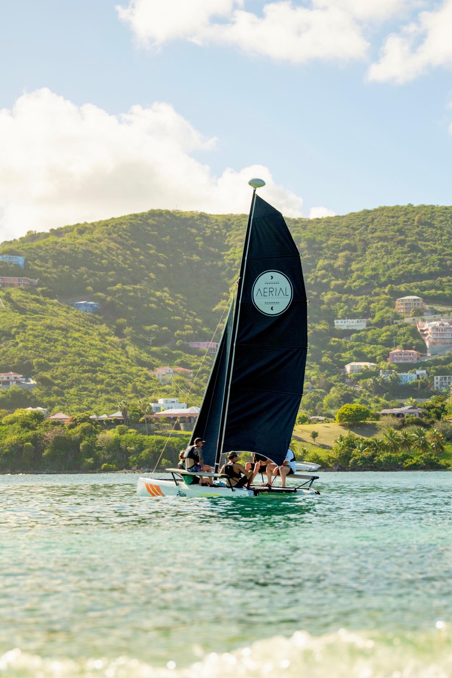 The Aerial BVI hobie cat sailing on turquoise BVI waters